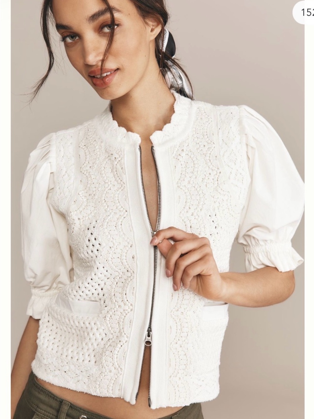 Anthropologie White Crochet Zip-Front Sweater Cardigan
